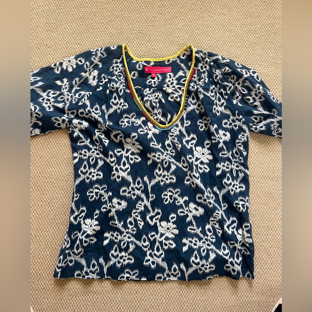 Blue White Ikat Beaded Top made in India